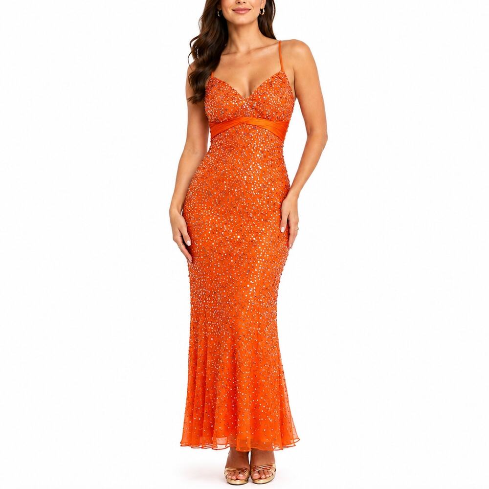 Riva Designs Y2k Orange Sequin Halter Gown Formal Prom Dress Size 12